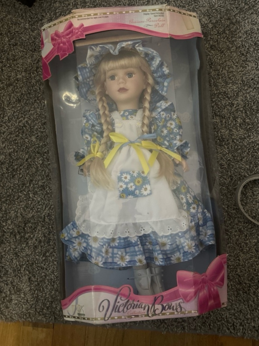Victorian-Style Girls' Doll in Blue Floral Dress with White Apron